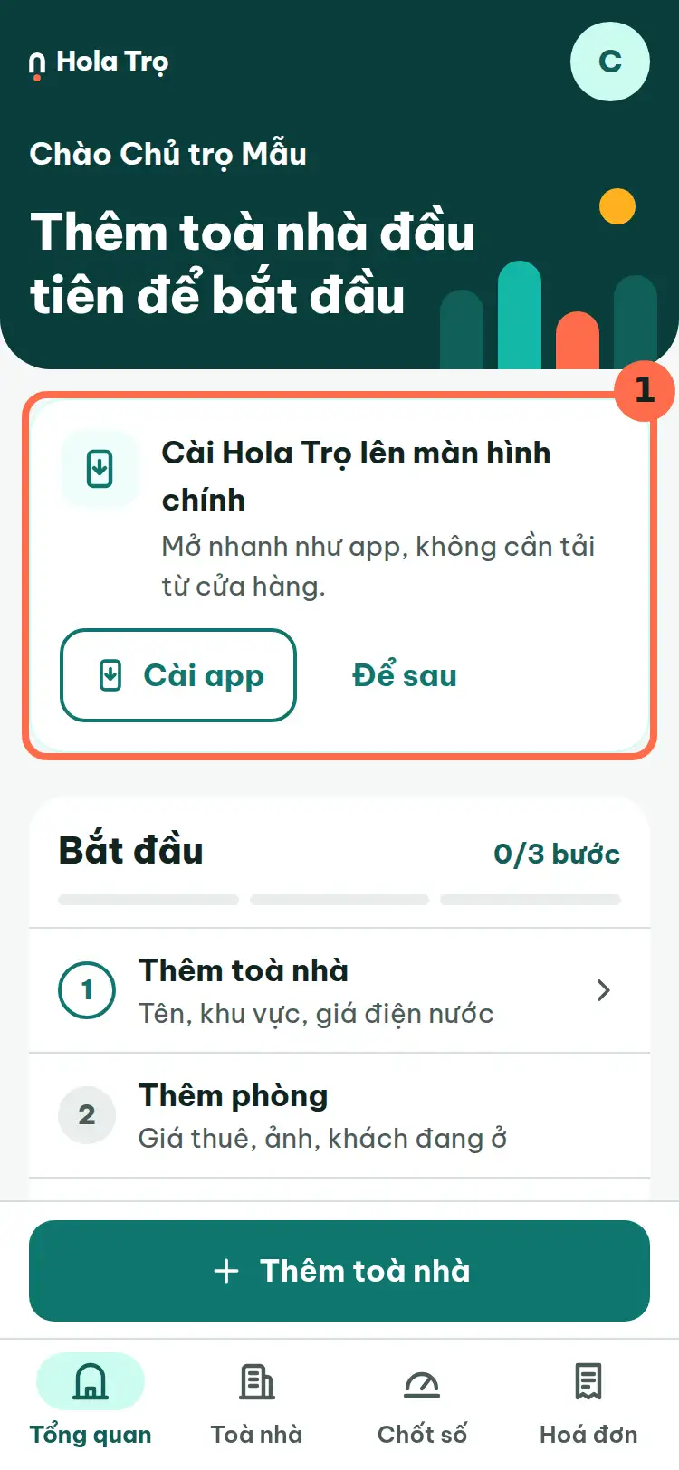 Màn Tổng quan, khung Cài Hola Trọ lên màn hình chính với nút Cài app được đánh số 1.