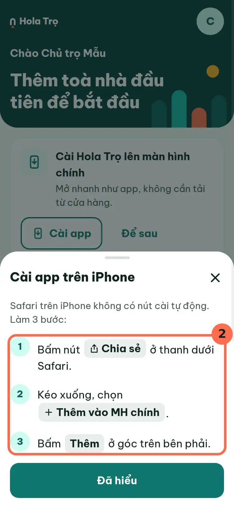 Hộp hướng dẫn Cài app trên iPhone với 3 bước được đánh số 2.