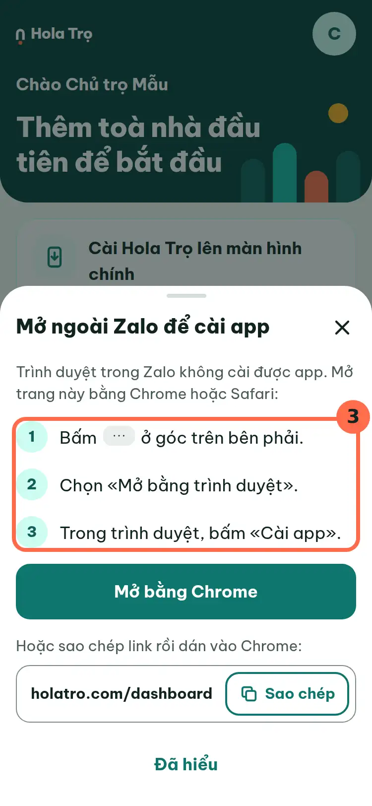 Hộp hướng dẫn Mở ngoài Zalo để cài app với 3 bước được đánh số 3.