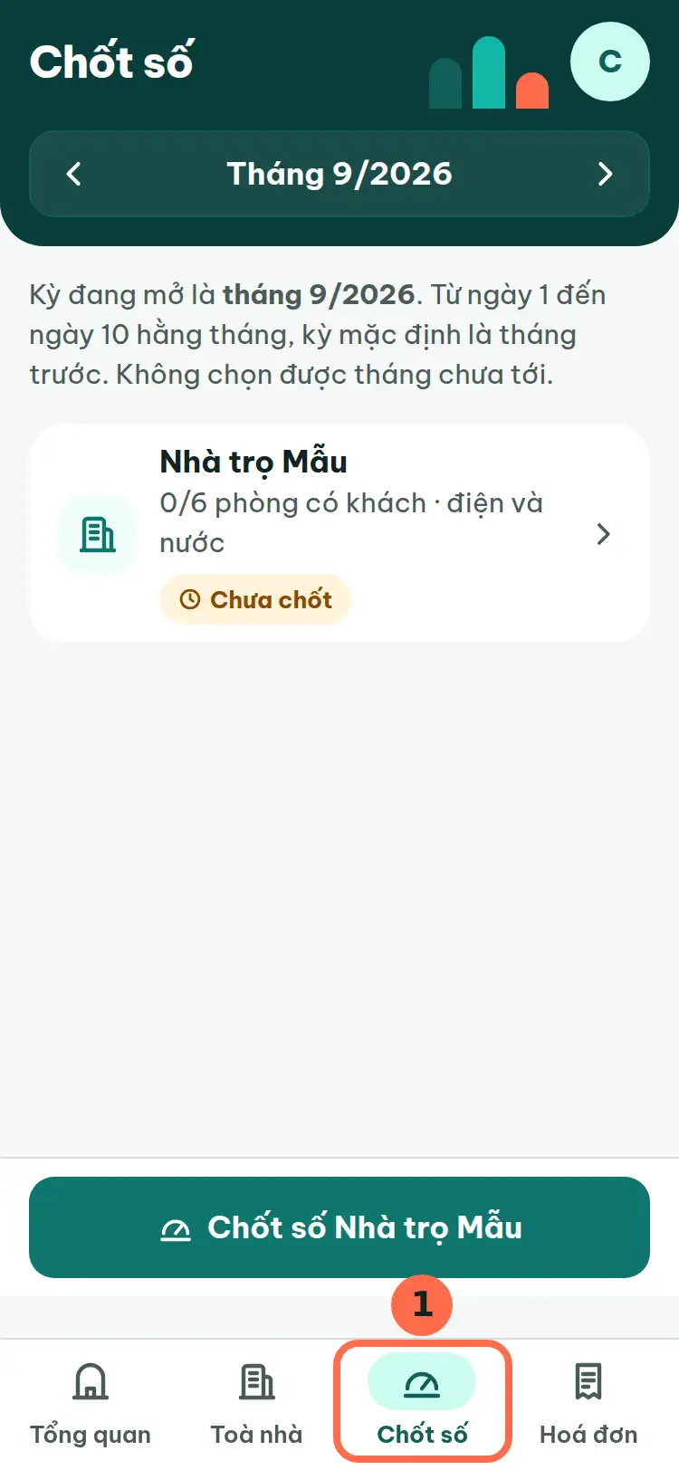 Tab Chốt số ở cuối màn hình được đánh số 1.
