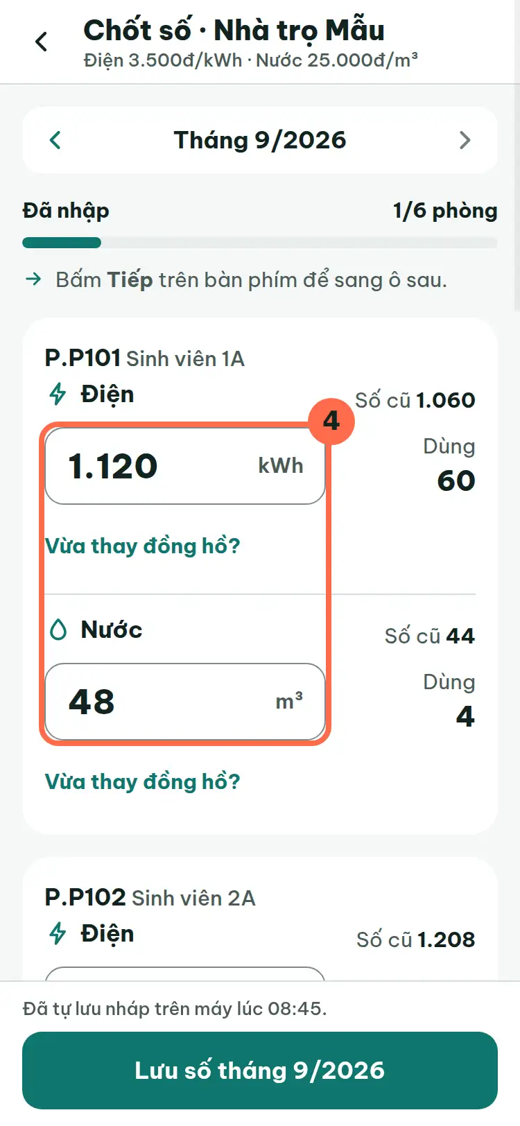 Hai ô nhập số mới của điện và nước phòng P101 được đánh số 4.