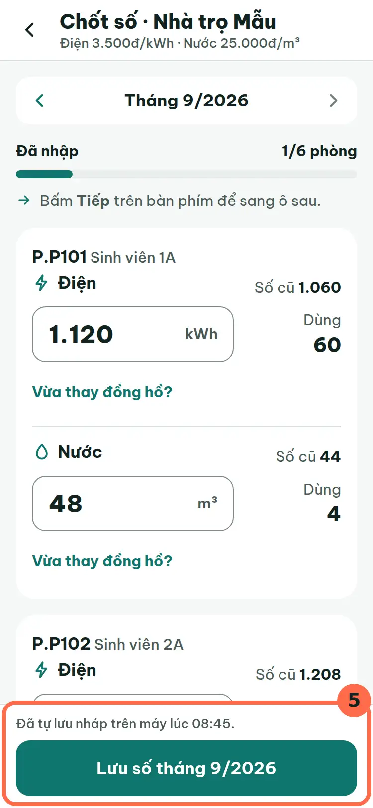Nút lưu số ở cuối màn hình được đánh số 5.