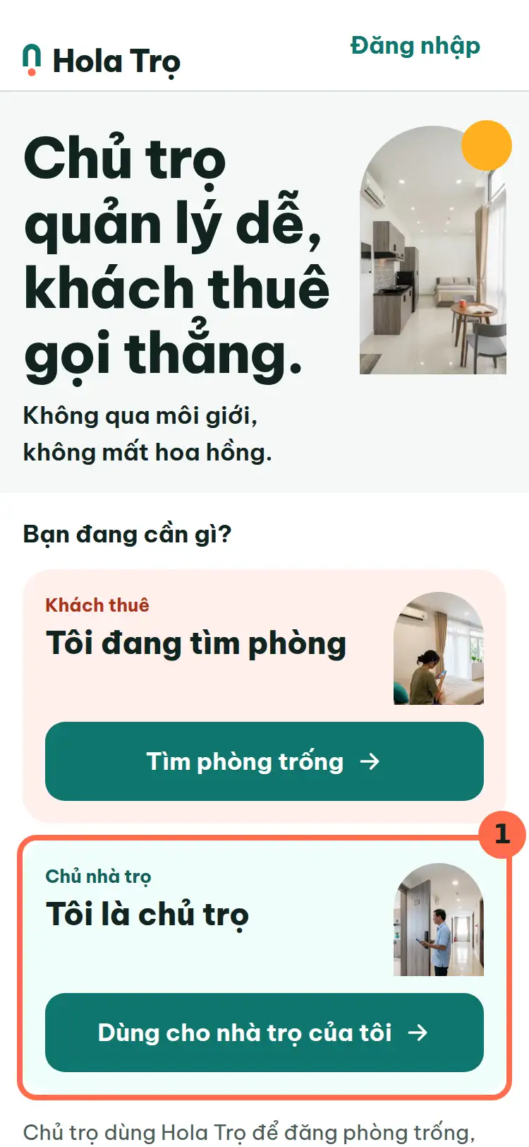 Trang chủ Hola Trọ, khung Tôi là chủ trọ với nút Dùng cho nhà trọ của tôi được đánh số 1.
