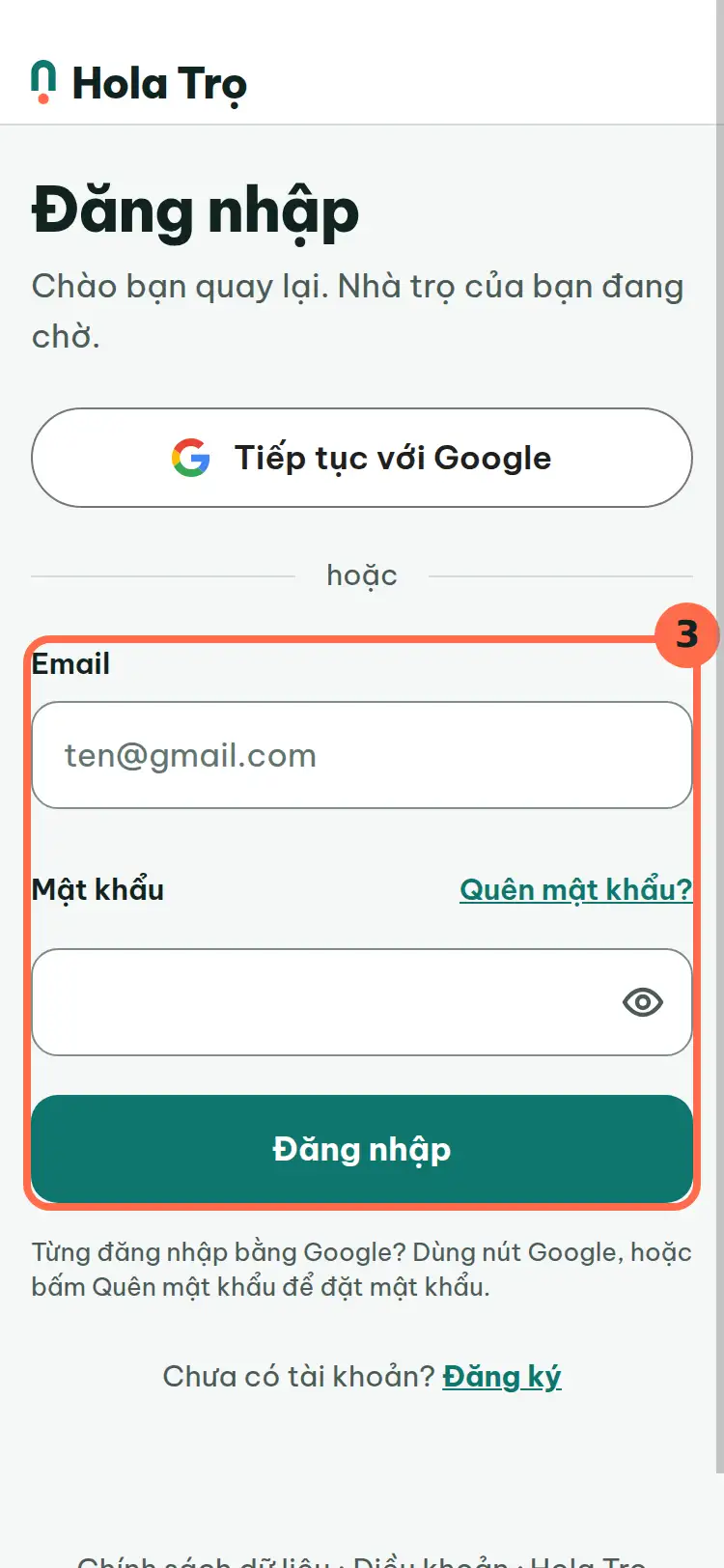 Màn Đăng nhập, hai ô Email, Mật khẩu và nút Đăng nhập được đánh số 3.