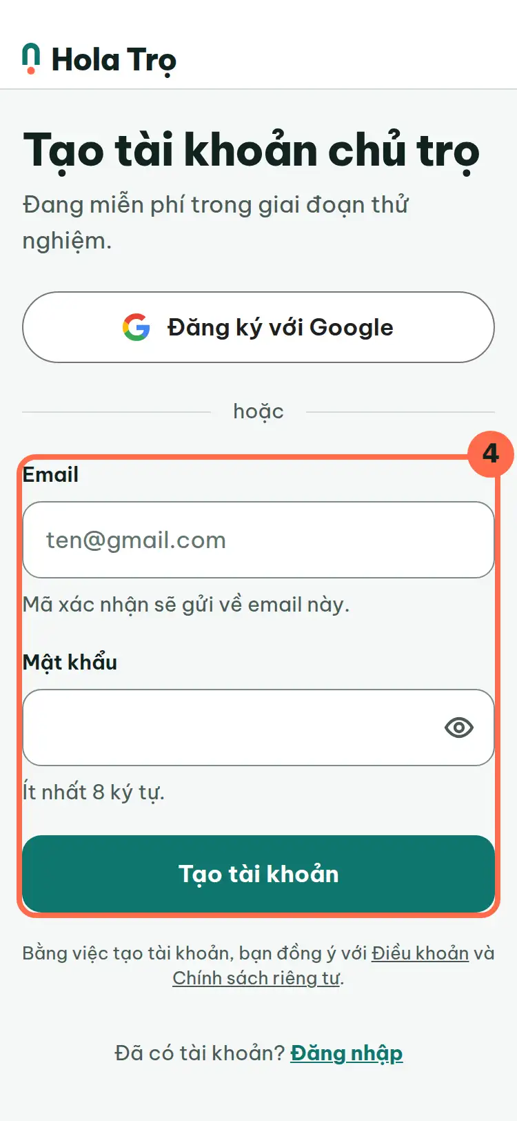 Màn Tạo tài khoản chủ trọ, hai ô Email, Mật khẩu và nút Tạo tài khoản được đánh số 4.