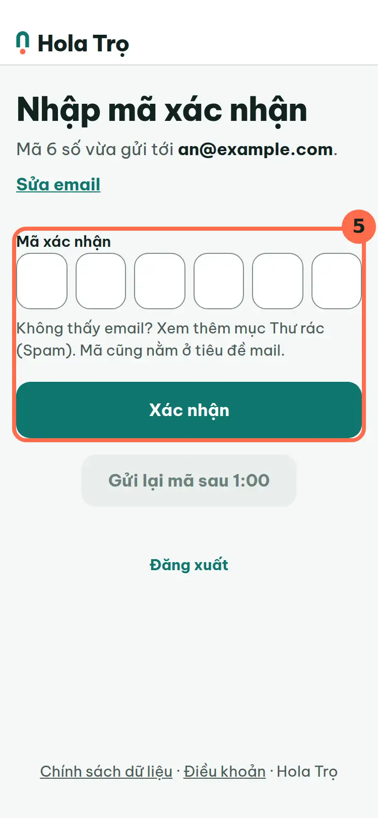 Màn Nhập mã xác nhận, sáu ô nhập mã và nút Xác nhận được đánh số 5.