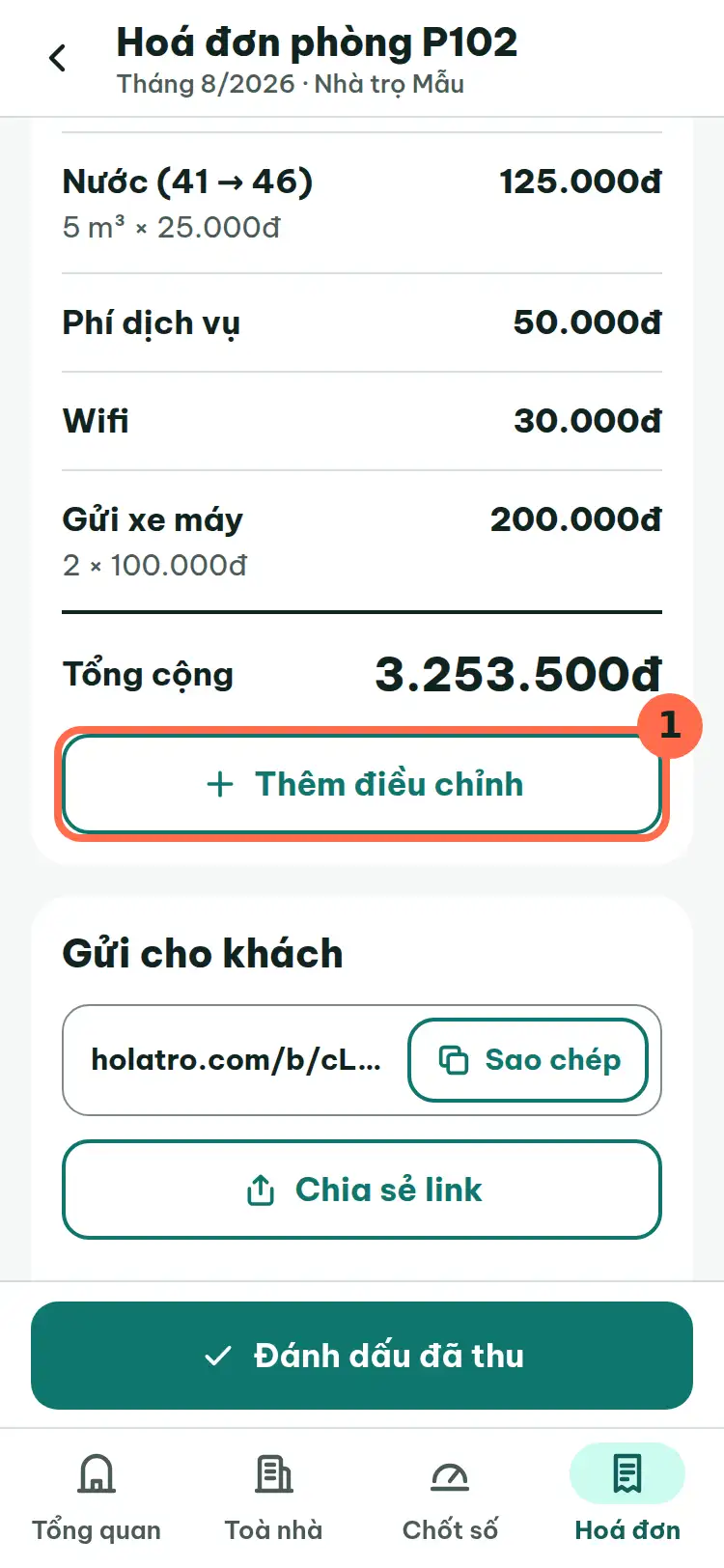 Màn hoá đơn chưa thu, nút Thêm điều chỉnh được đánh số 1.