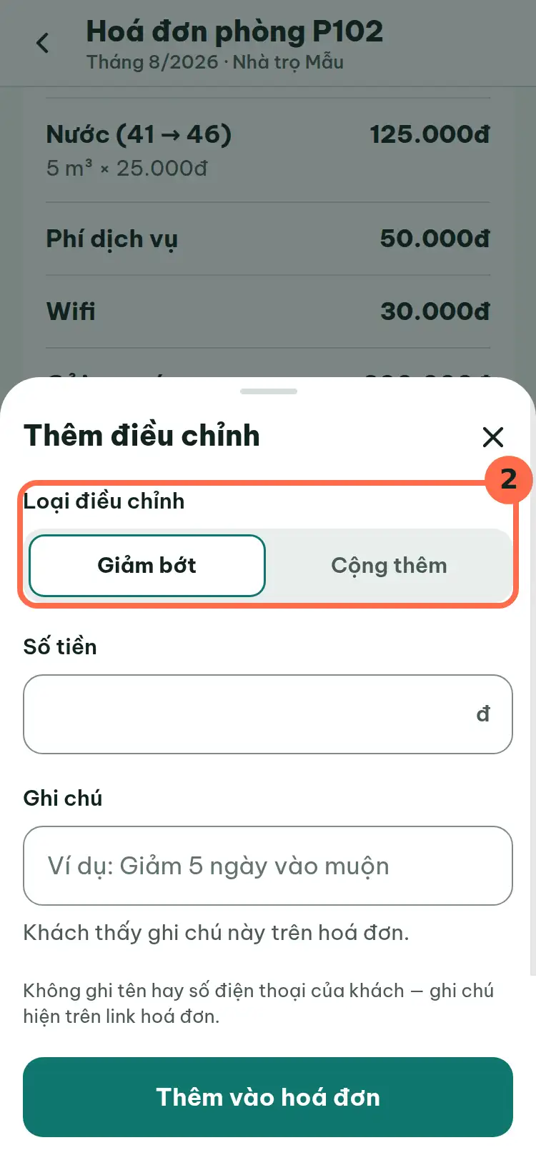 Hộp Thêm điều chỉnh, lựa chọn Loại điều chỉnh được đánh số 2.