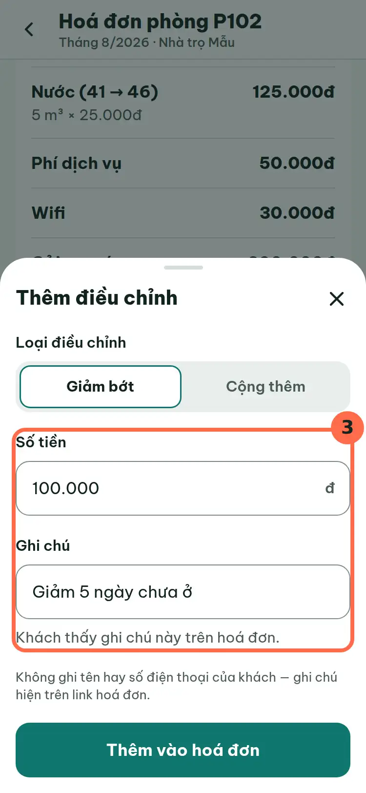 Hai ô Số tiền và Ghi chú đã điền được đánh số 3.