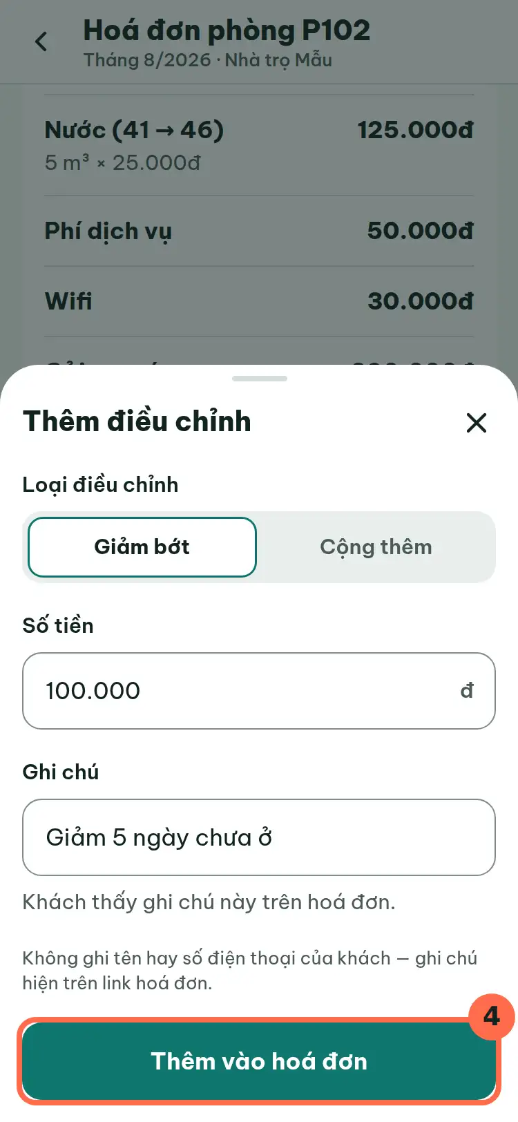 Nút Thêm vào hoá đơn được đánh số 4.