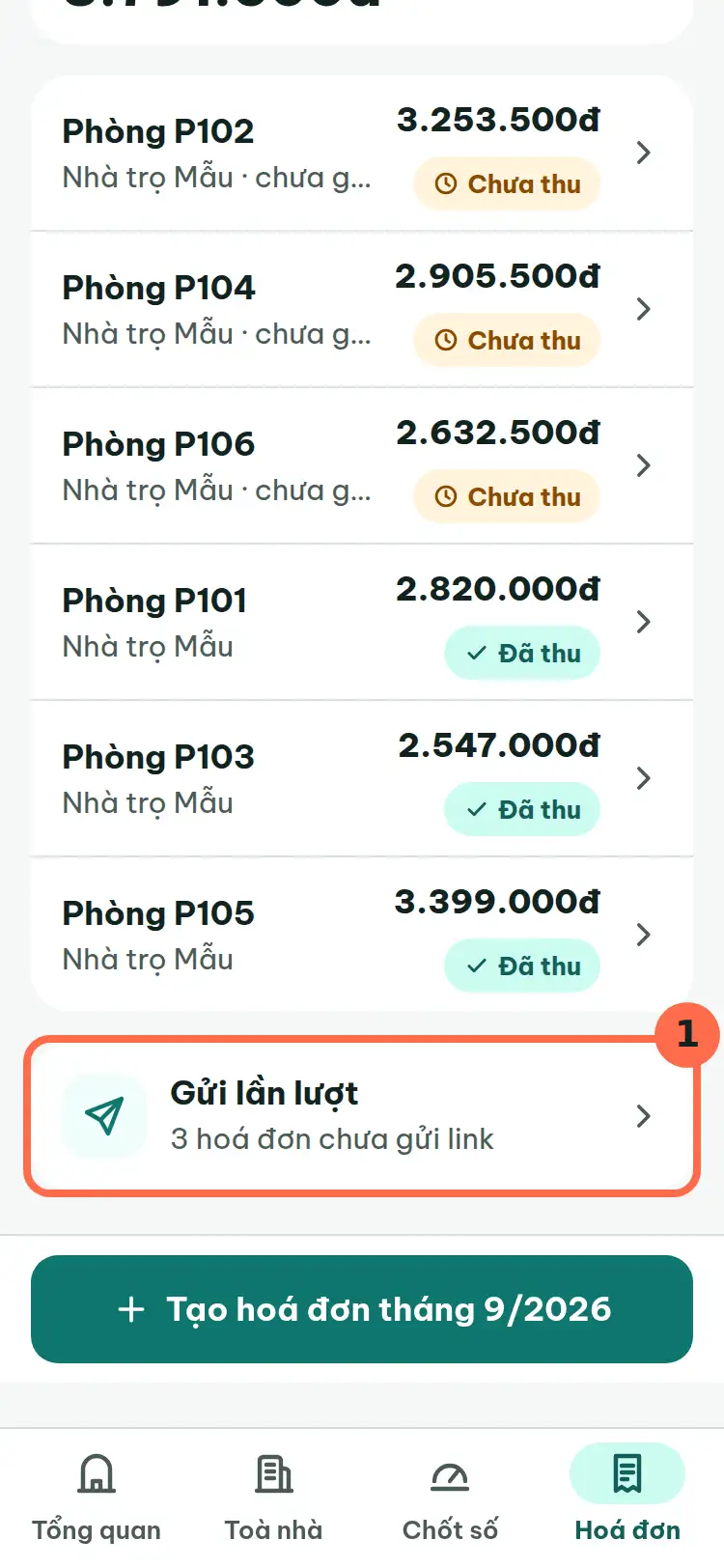Màn Hoá đơn, nút Gửi lần lượt được đánh số 1.