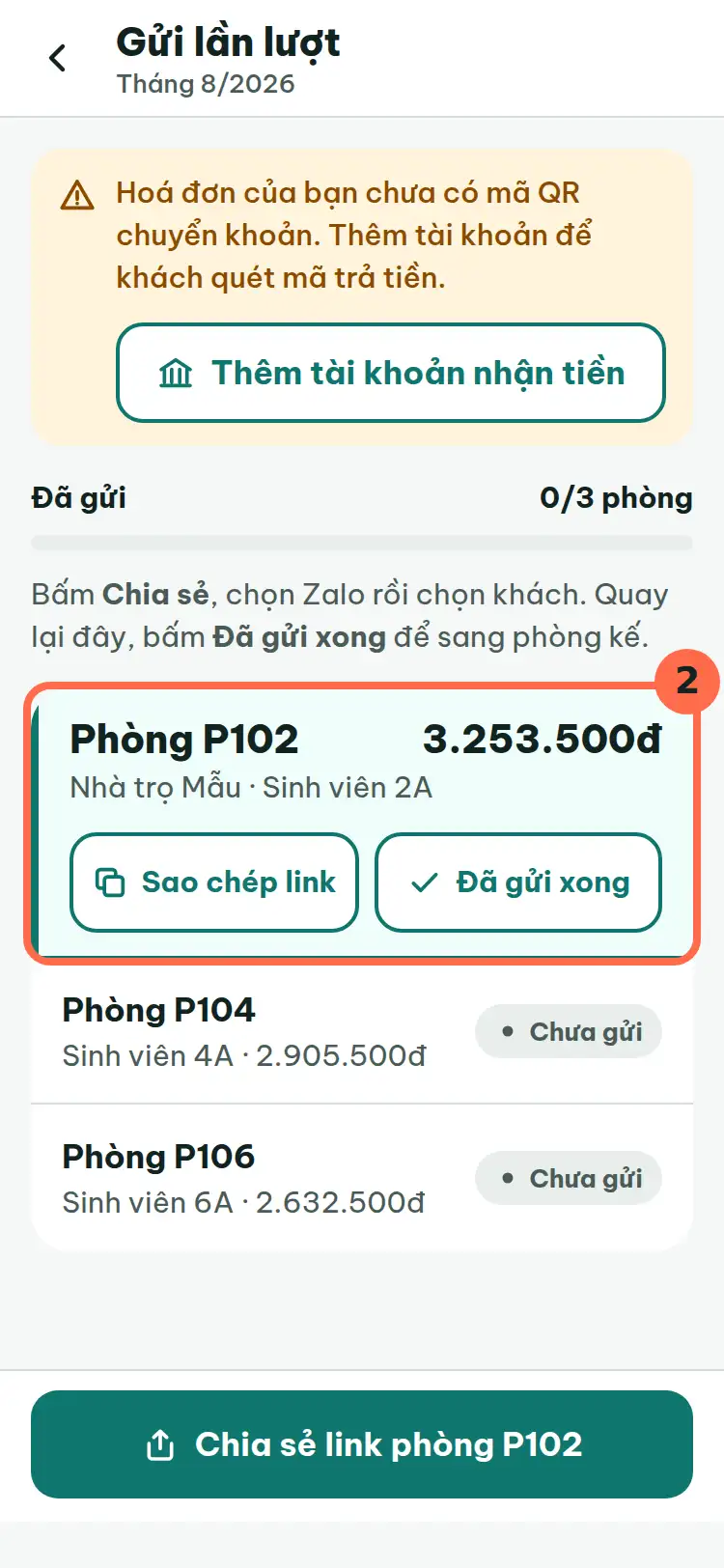 Màn Gửi lần lượt, phòng đang chờ gửi với hai nút Sao chép link và Đã gửi xong được đánh số 2.