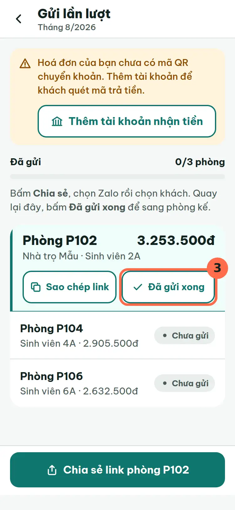 Nút Đã gửi xong được đánh số 3.