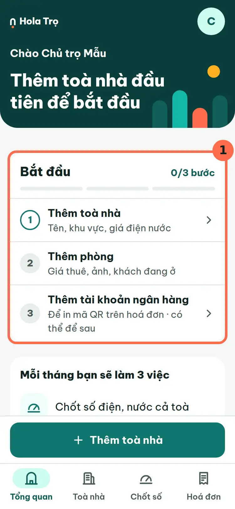 Màn Tổng quan, khung Bắt đầu có 3 bước được đánh số 1.