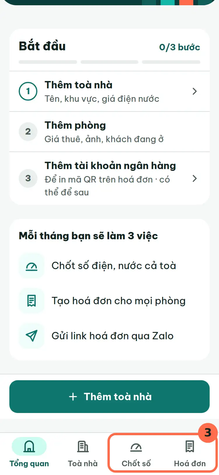 Thanh tab cuối màn hình, hai tab Chốt số và Hoá đơn được đánh số 3.
