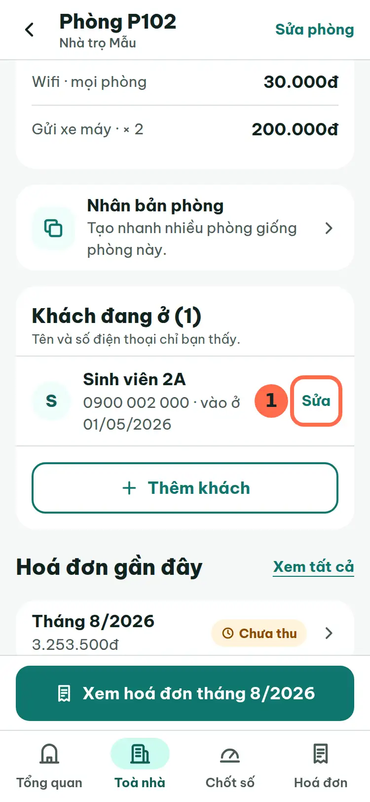 Mục Khách đang ở, nút Sửa cạnh tên khách được đánh số 1.