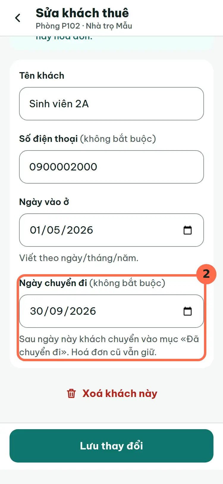 Màn Sửa khách thuê, ô Ngày chuyển đi được đánh số 2.