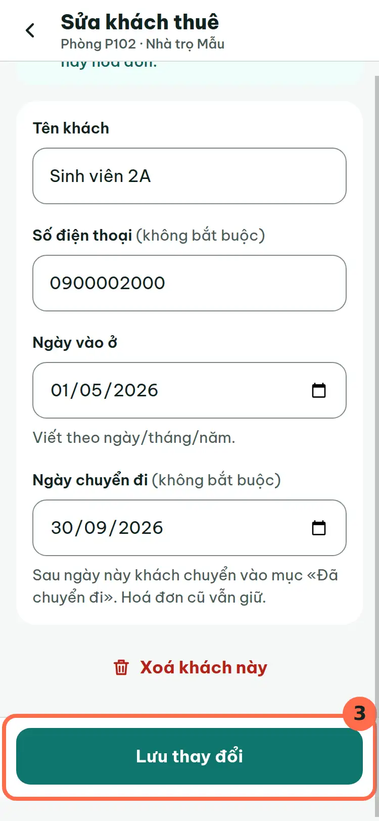 Nút Lưu thay đổi ở cuối màn hình được đánh số 3.