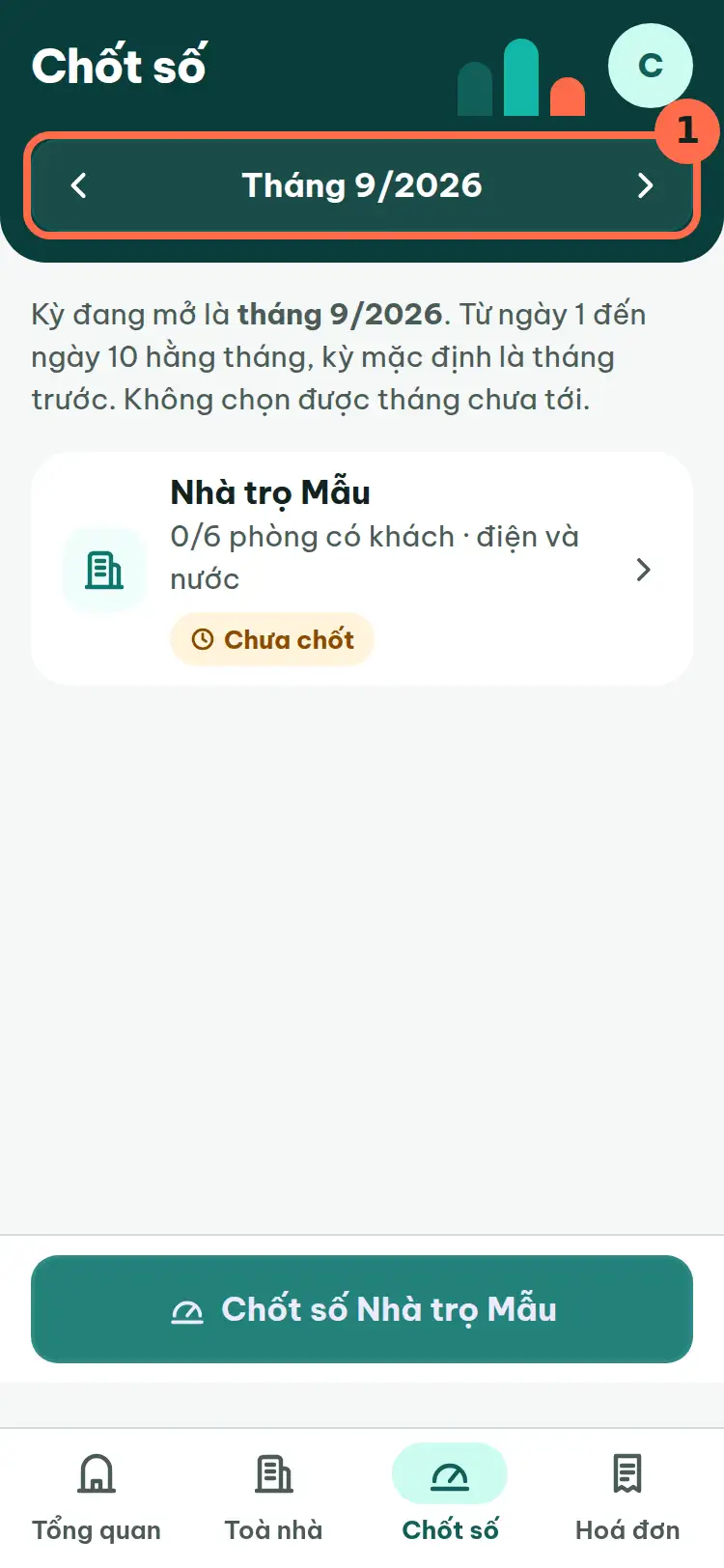 Màn Chốt số, ô chọn tháng được đánh số 1.
