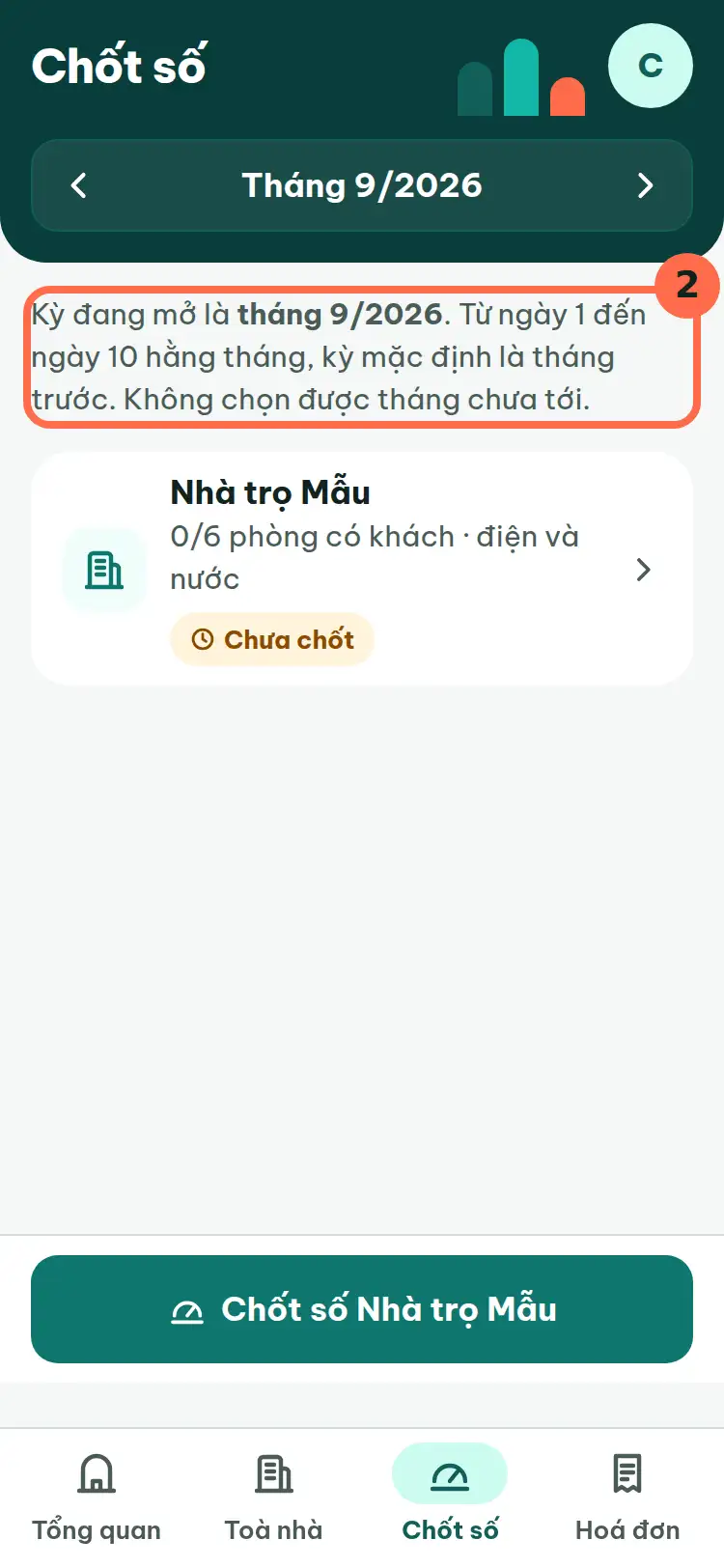 Dòng giải thích kỳ mặc định dưới ô chọn tháng được đánh số 2.