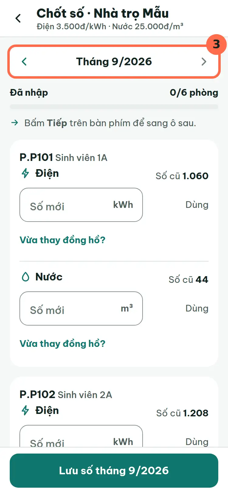 Màn chốt số của một toà, ô chọn tháng với hai mũi tên được đánh số 3.