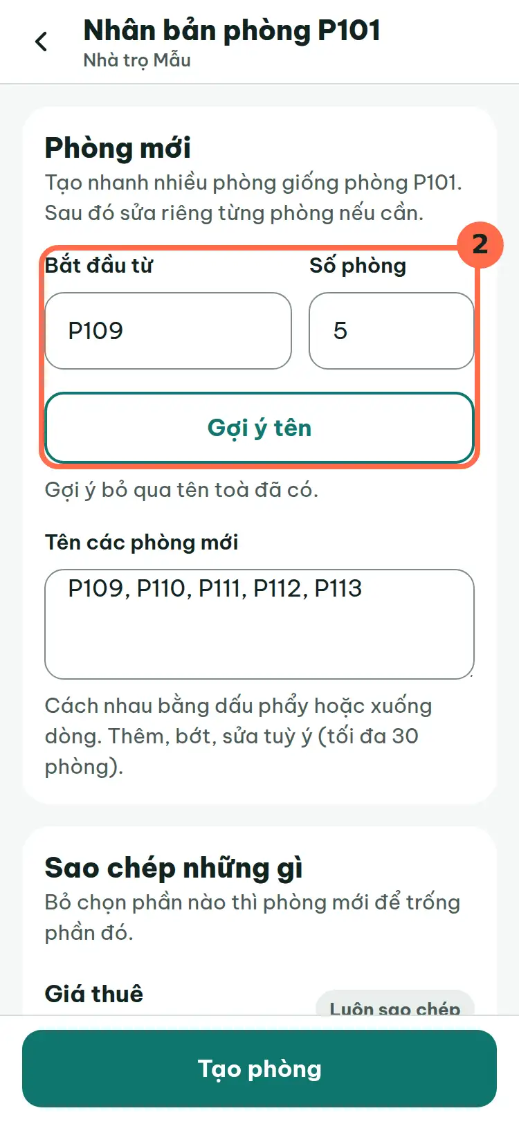 Hai ô Bắt đầu từ, Số phòng và nút Gợi ý tên được đánh số 2.