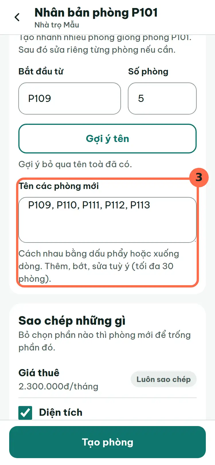 Ô Tên các phòng mới được đánh số 3.
