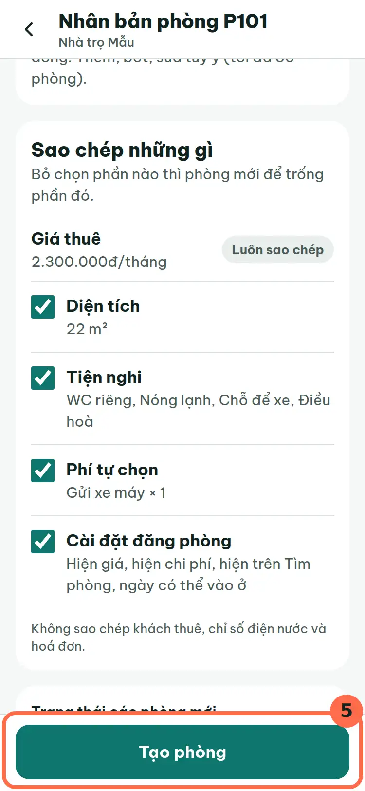 Nút Tạo phòng ở cuối màn hình được đánh số 5.