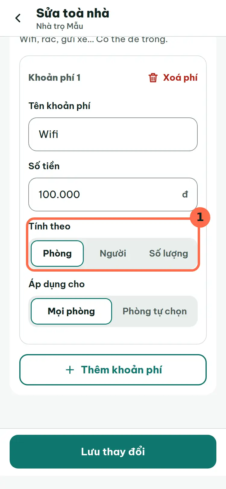 Ô Tính theo với lựa chọn Phòng, được đánh số 1.
