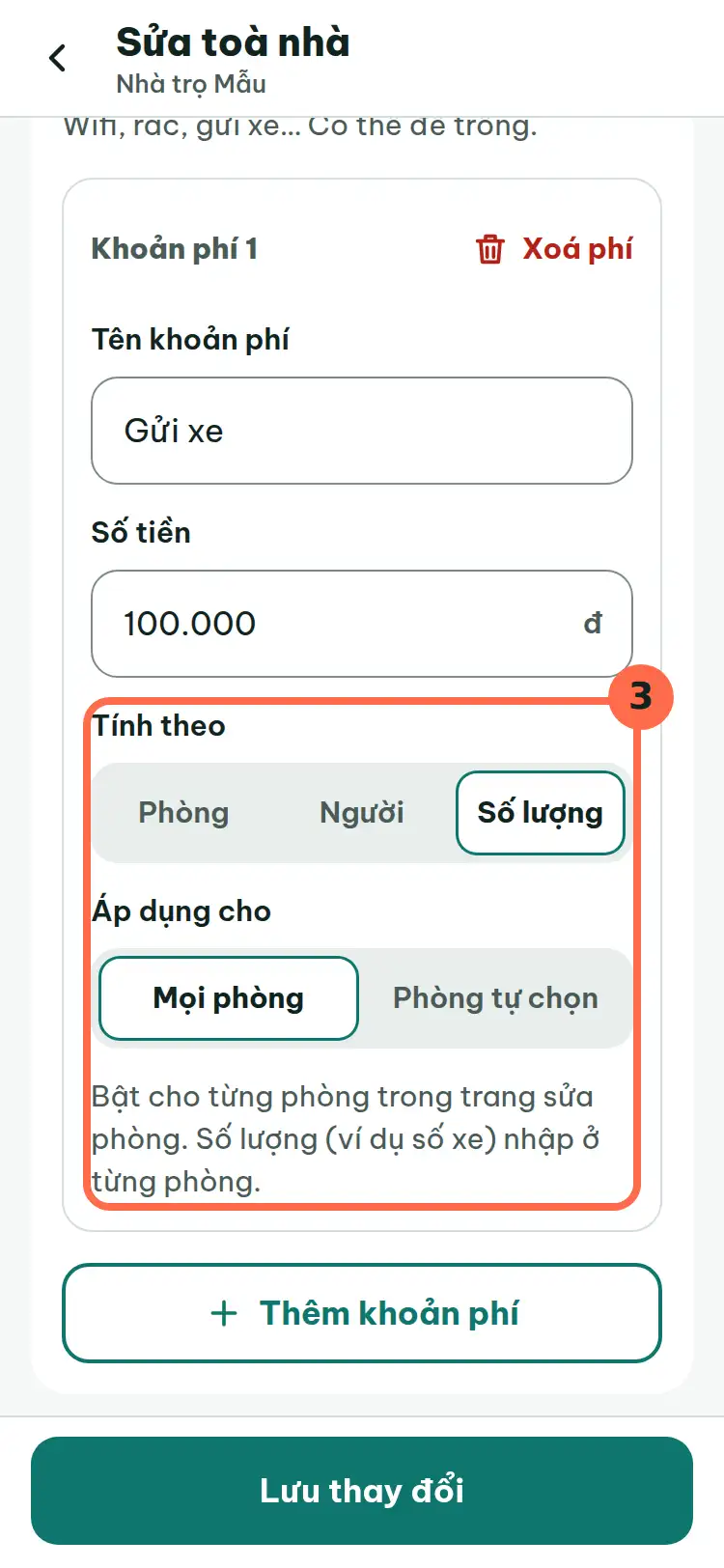 Ô Tính theo với lựa chọn Số lượng, kèm dòng nhắc nhập số lượng ở từng phòng, được đánh số 3.