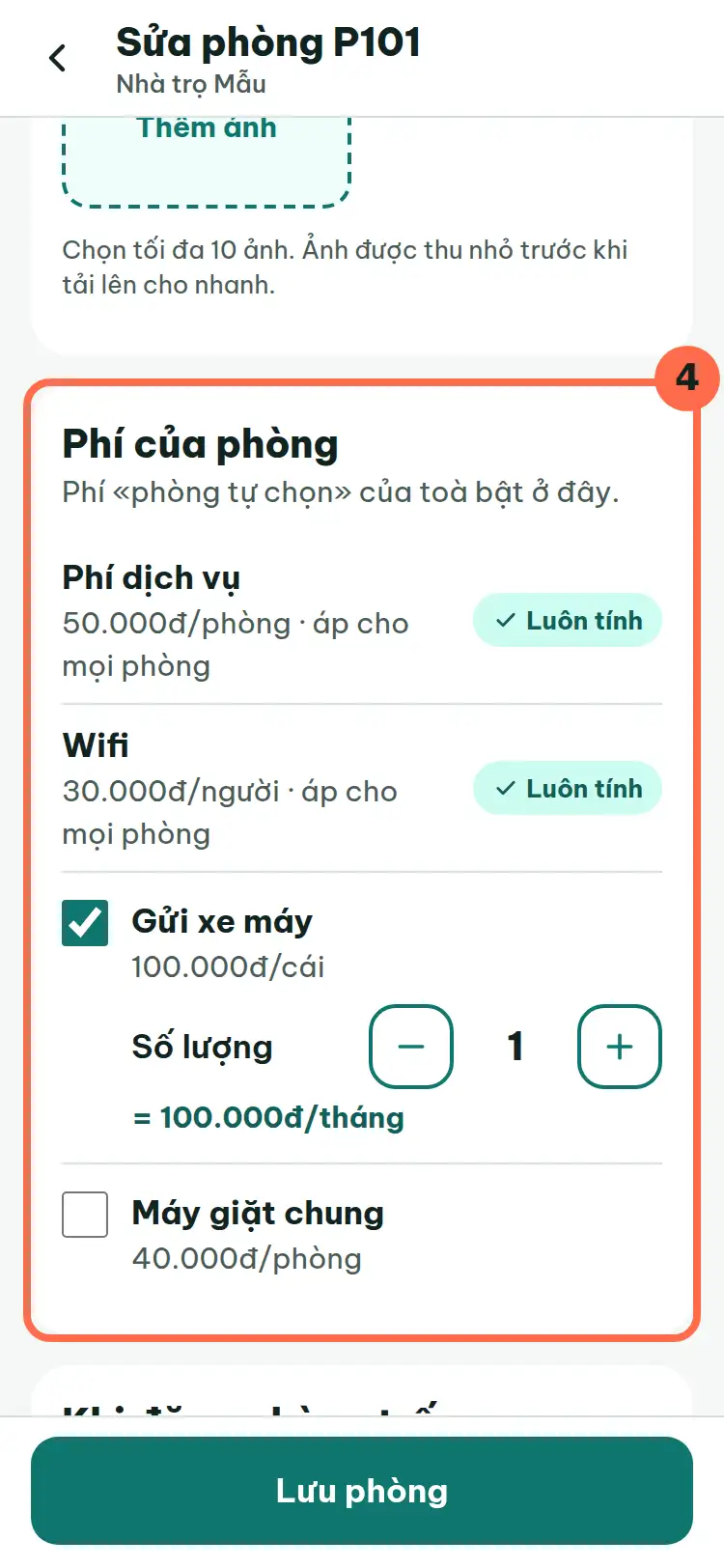 Mục Phí của phòng trong màn Sửa phòng, khoản Gửi xe máy được chọn với số lượng 1, được đánh số 4.