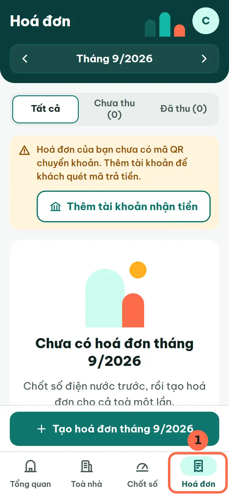 Tab Hoá đơn ở cuối màn hình được đánh số 1.
