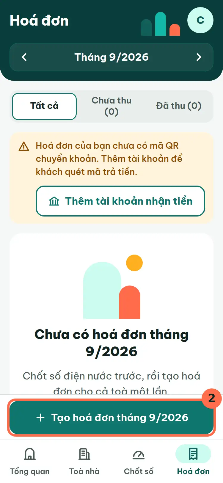 Nút Tạo hoá đơn tháng ở cuối màn hình được đánh số 2.