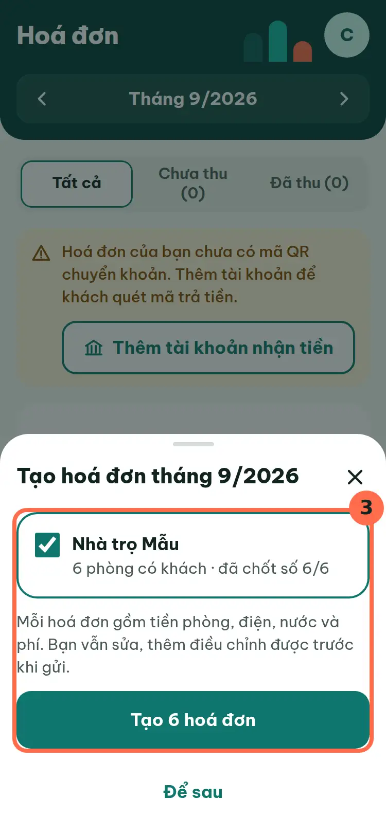 Hộp Tạo hoá đơn với toà được chọn và nút xanh Tạo 6 hoá đơn được đánh số 3.