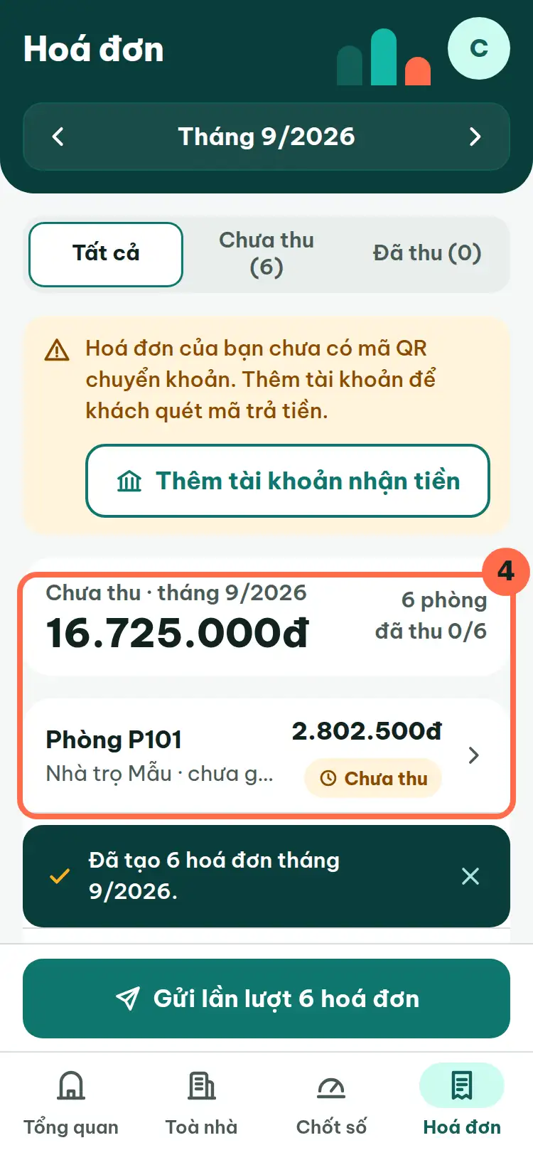 Danh sách hoá đơn vừa tạo, mỗi phòng một dòng Chưa thu, được đánh số 4.
