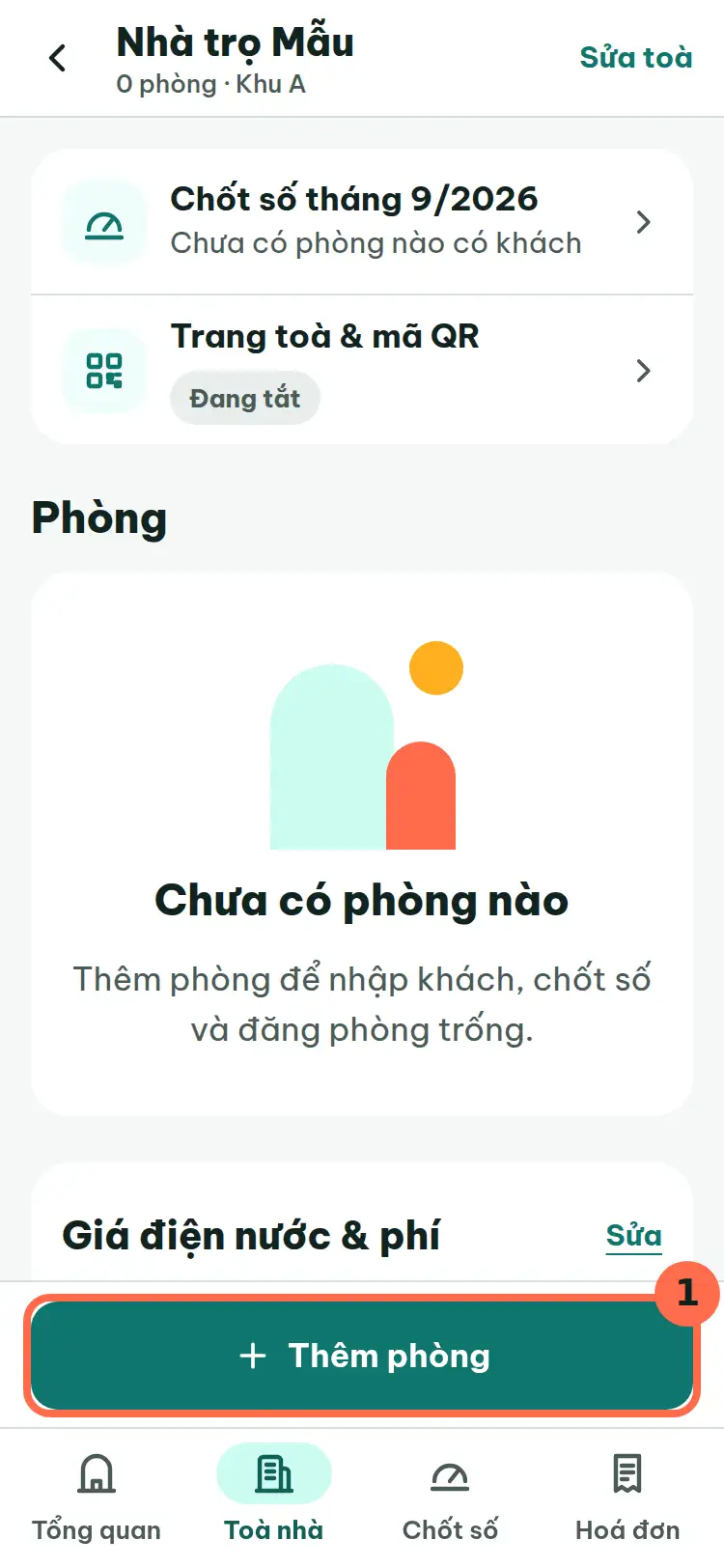 Màn một toà nhà chưa có phòng, nút Thêm phòng được đánh số 1.