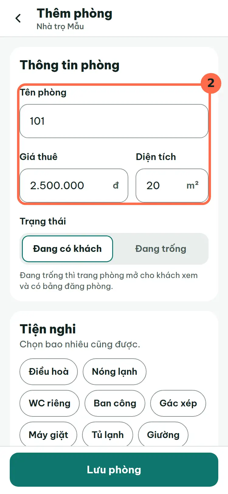 Form Thêm phòng, ba ô Tên phòng, Giá thuê và Diện tích được đánh số 2.