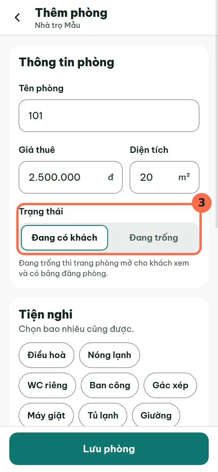 Lựa chọn Trạng thái với hai nút Đang có khách và Đang trống được đánh số 3.