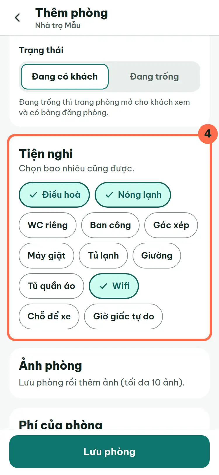 Mục Tiện nghi với các nút chọn được đánh số 4.