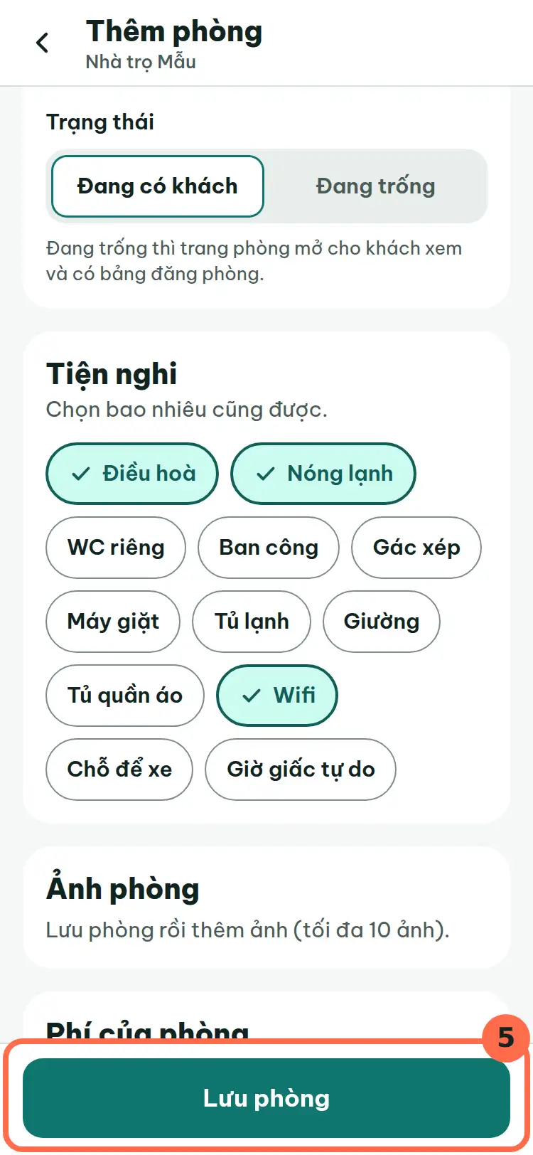 Nút Lưu phòng ở cuối màn hình được đánh số 5.