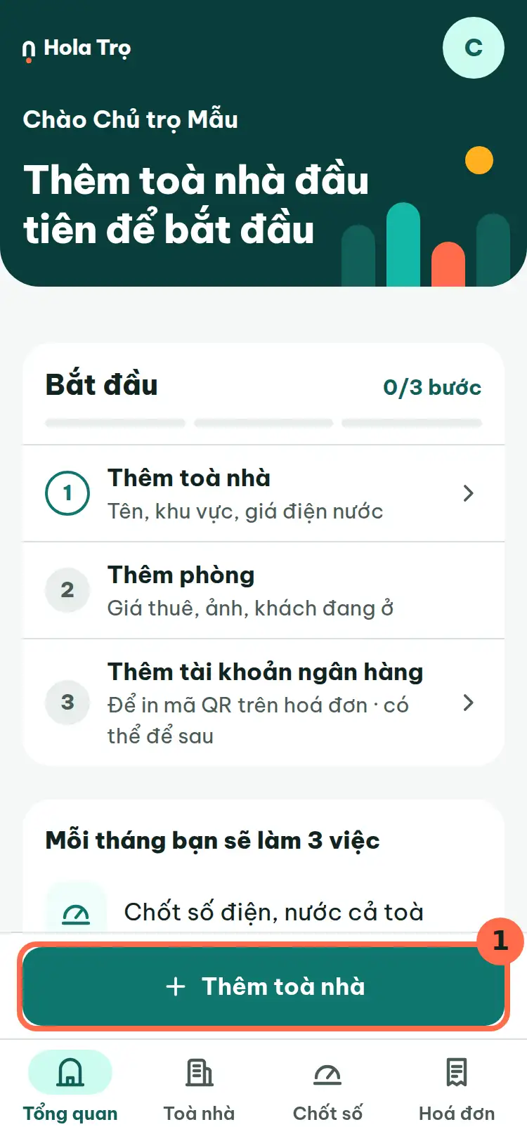 Màn Tổng quan, nút Thêm toà nhà ở cuối màn hình được đánh số 1.