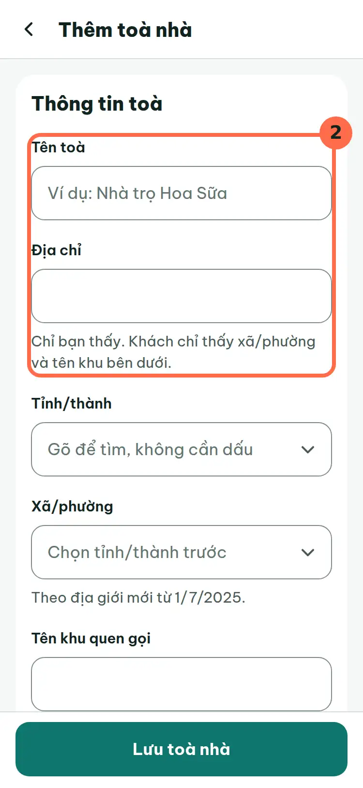Form Thêm toà nhà, hai ô Tên toà và Địa chỉ được đánh số 2.