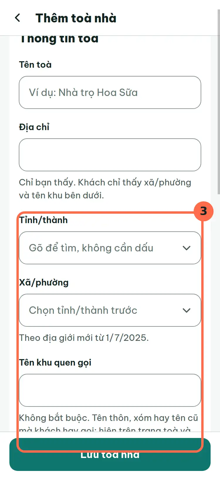 Ba ô Tỉnh/thành, Xã/phường và Tên khu quen gọi được đánh số 3.