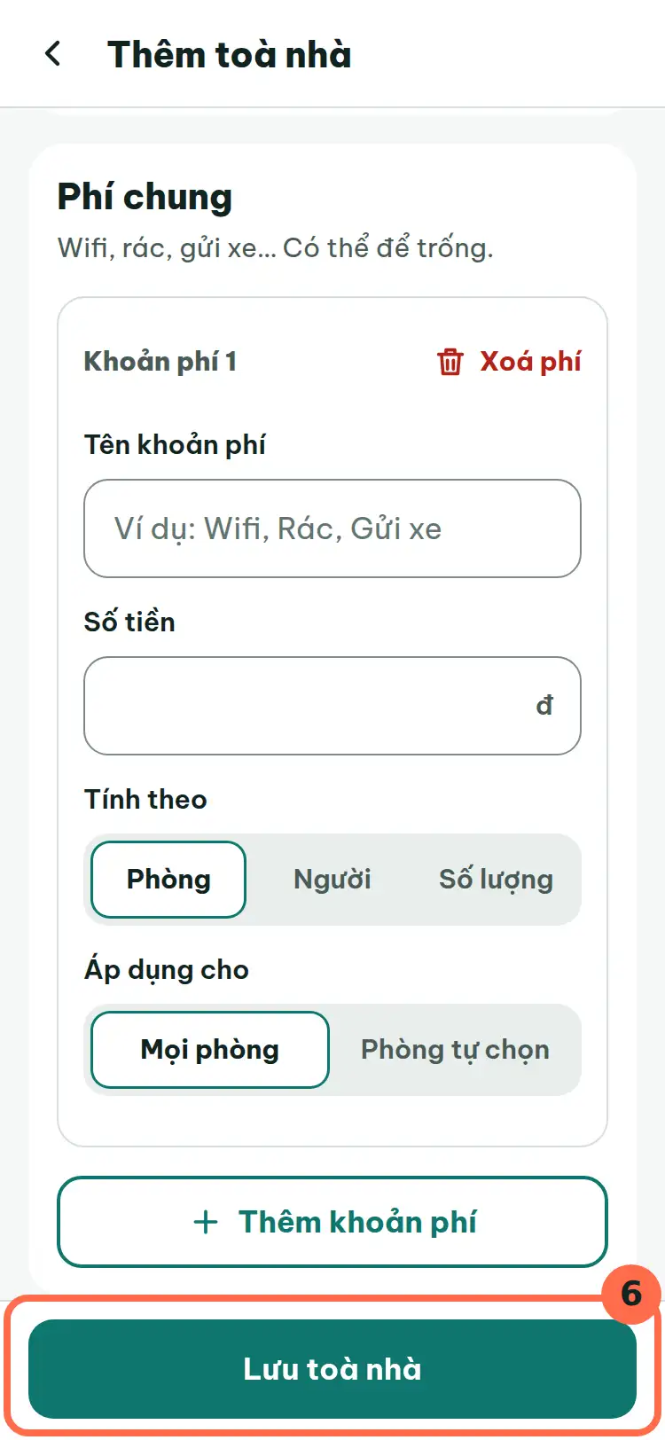 Nút Lưu toà nhà ở cuối màn hình được đánh số 6.
