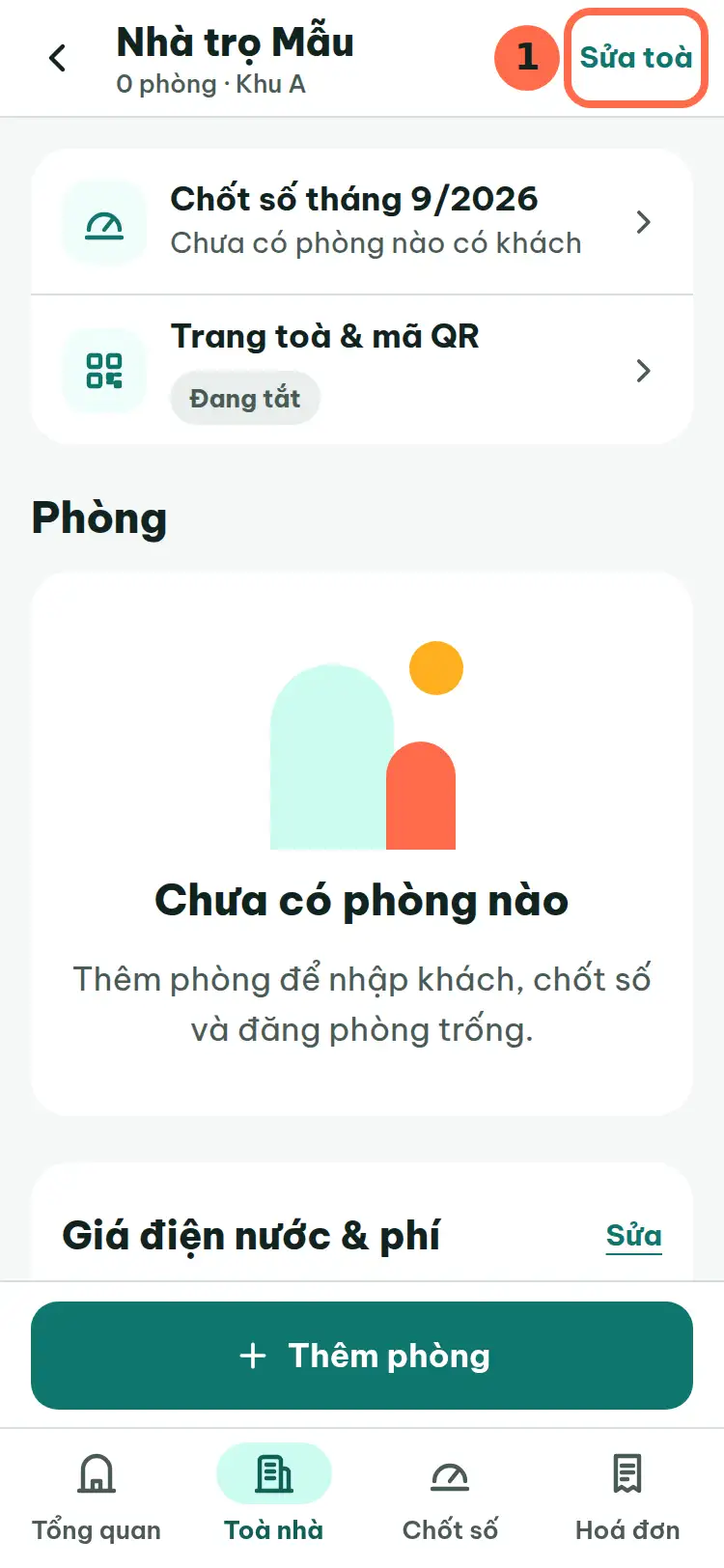 Màn một toà nhà, nút Sửa toà ở góc trên bên phải được đánh số 1.