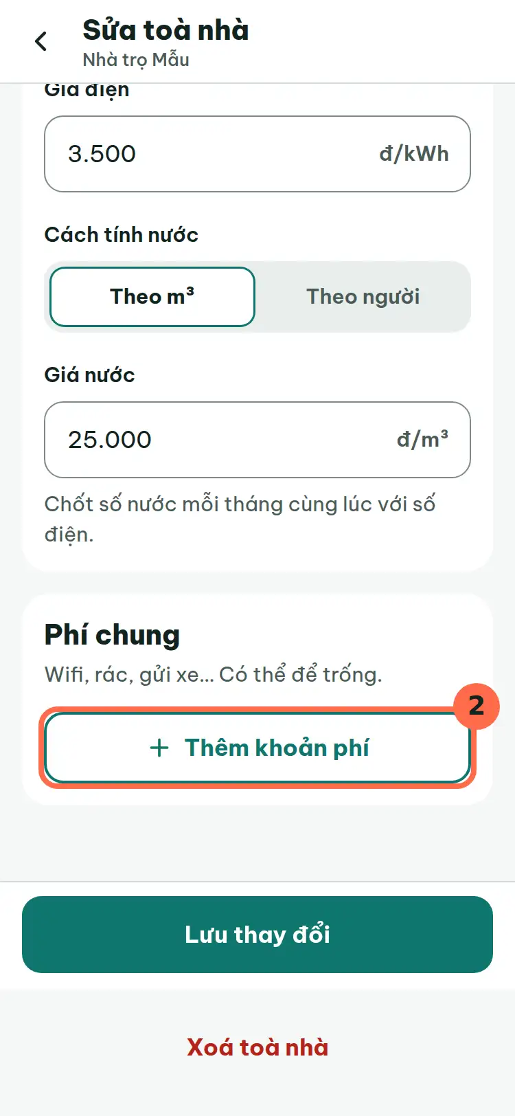 Nút Thêm khoản phí trong mục Phí chung được đánh số 2.