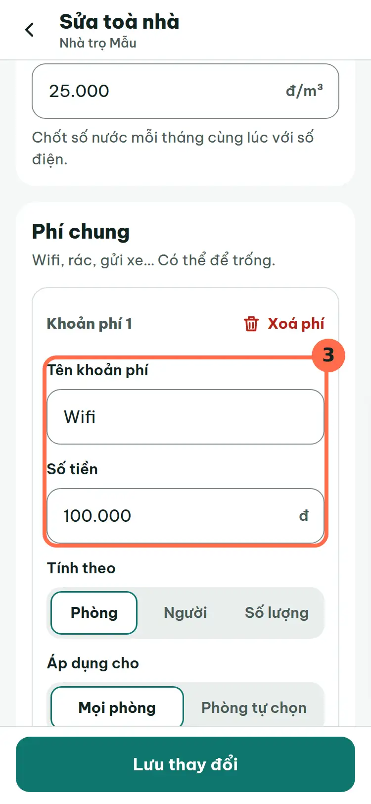 Hai ô Tên khoản phí và Số tiền đã điền được đánh số 3.