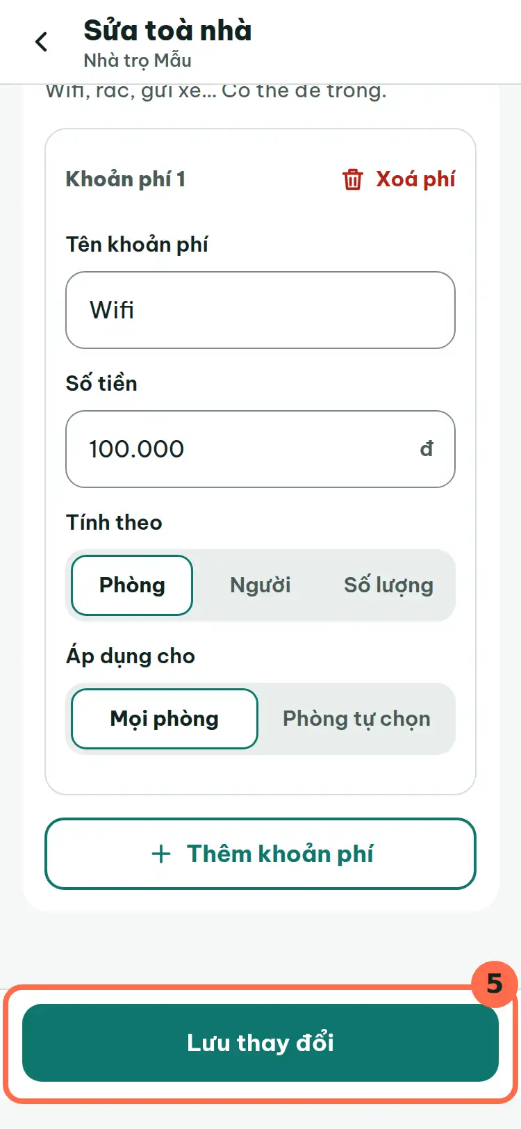 Nút Lưu thay đổi ở cuối màn hình được đánh số 5.