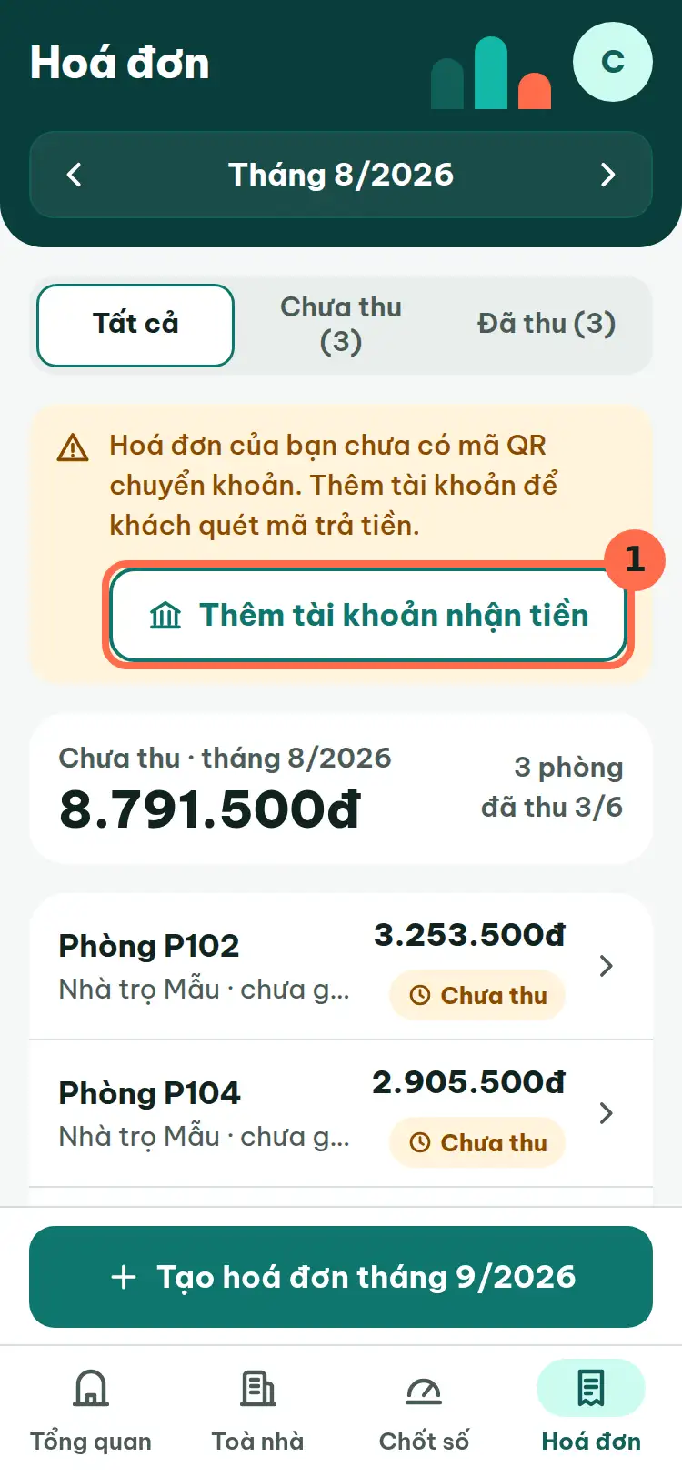 Màn Hoá đơn, nút Thêm tài khoản nhận tiền được đánh số 1.