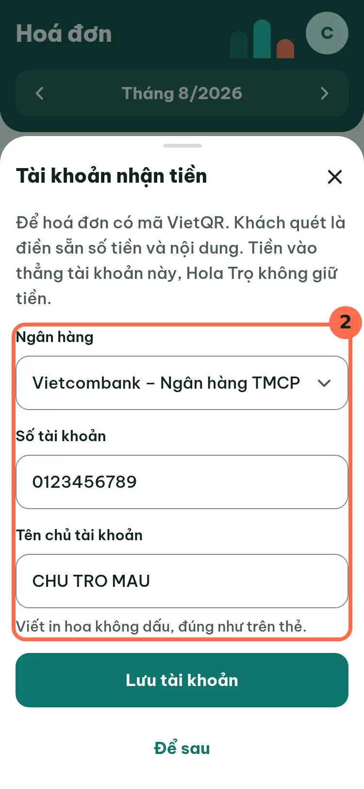 Hộp Tài khoản nhận tiền, ba ô Ngân hàng, Số tài khoản và Tên chủ tài khoản được đánh số 2.
